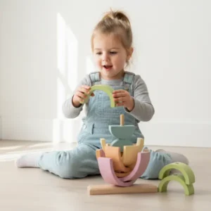 Chicos se divierten mientras juegan con Arcoíris ensarte 10 pastel