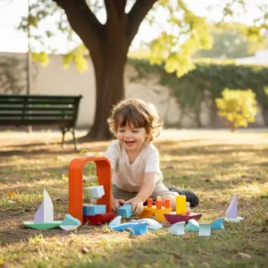 Los niños se imaginan jugando en una marina de madera