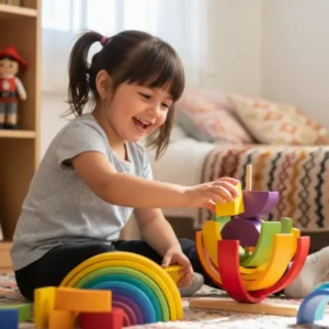 Niña jugando con Arcoíris Ensartado 10 Piezas