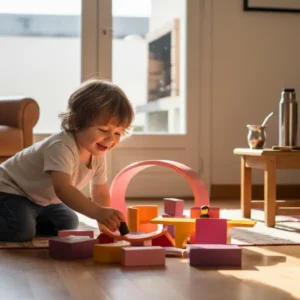 Niño jugando y divirtiéndose con una Casita de madera