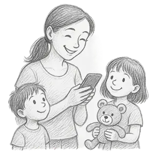 Mama comprando feliz productos en juguetes con madera