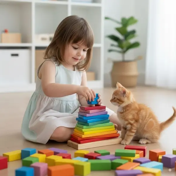 Niña jugado con los juguetes de Juguetes de Madera