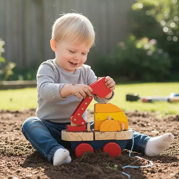 Niño jugando y disfrutando de los juguetes con madera