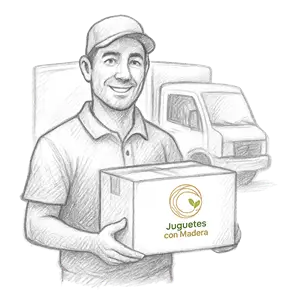 Un repartidor feliz, repartiendo productos en juguetes con madera