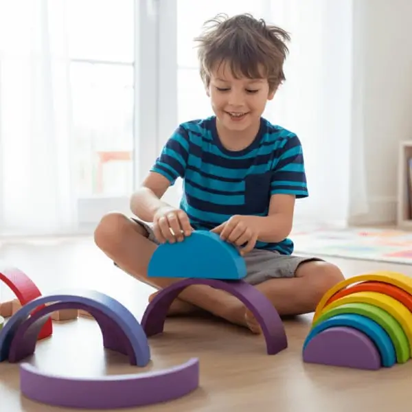 Niño jugado con los juguetes de Juguetes de Madera de Juguetes con madera