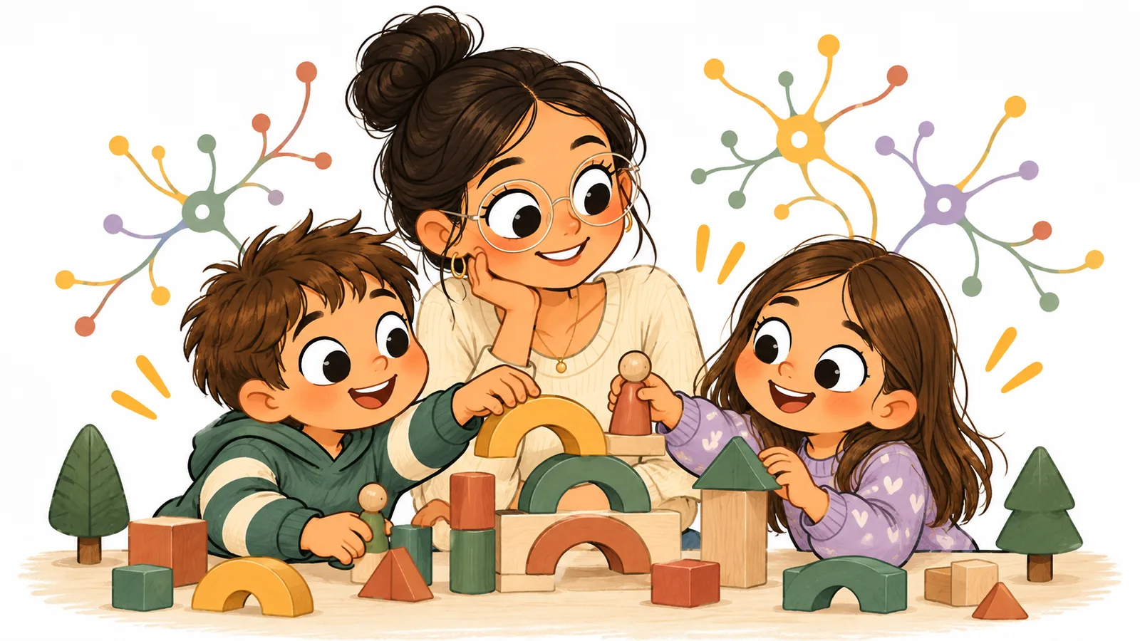 Familia jugando con bloques de madera y conexiones neuronales ilustradas