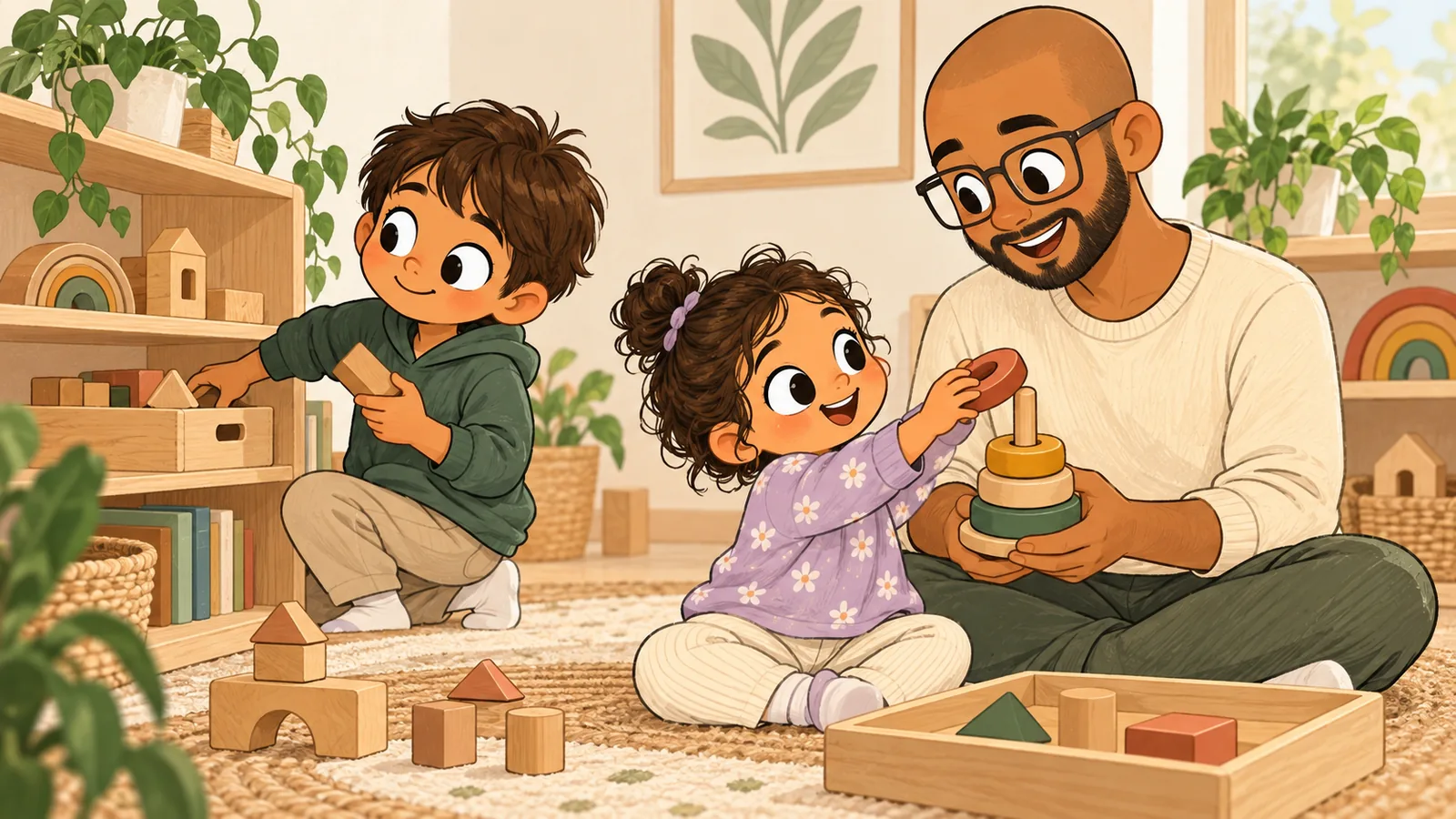 Padre acompañando a sus hijos con juguetes Montessori de madera según su edad