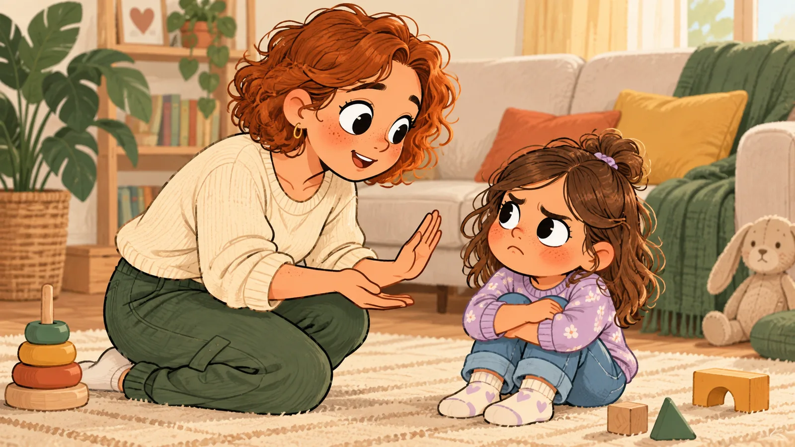 Madre acompañando con calma la emoción de su hija