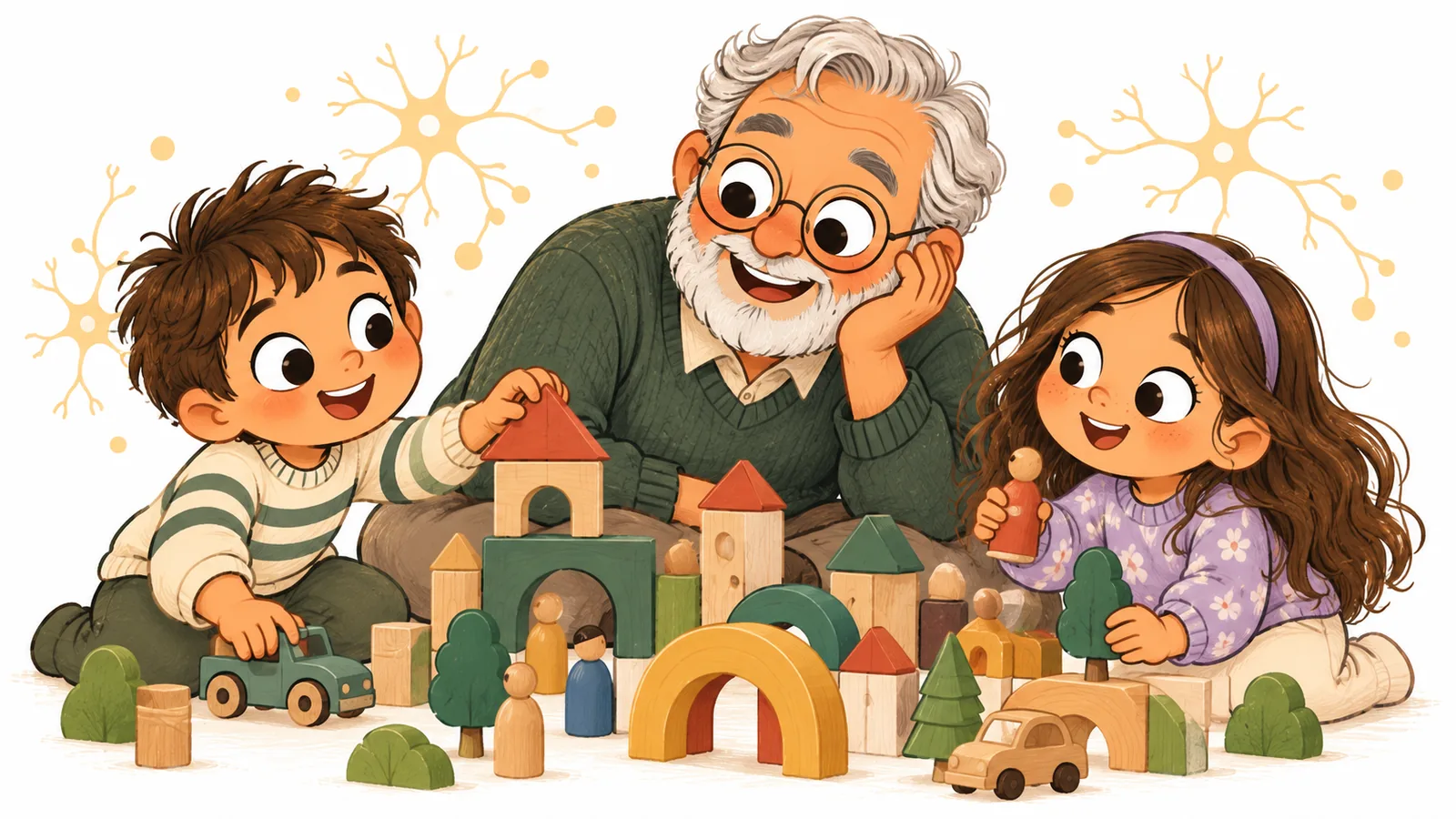 Ilustración de una niña construyendo con bloques de madera para estimular creatividad y aprendizaje