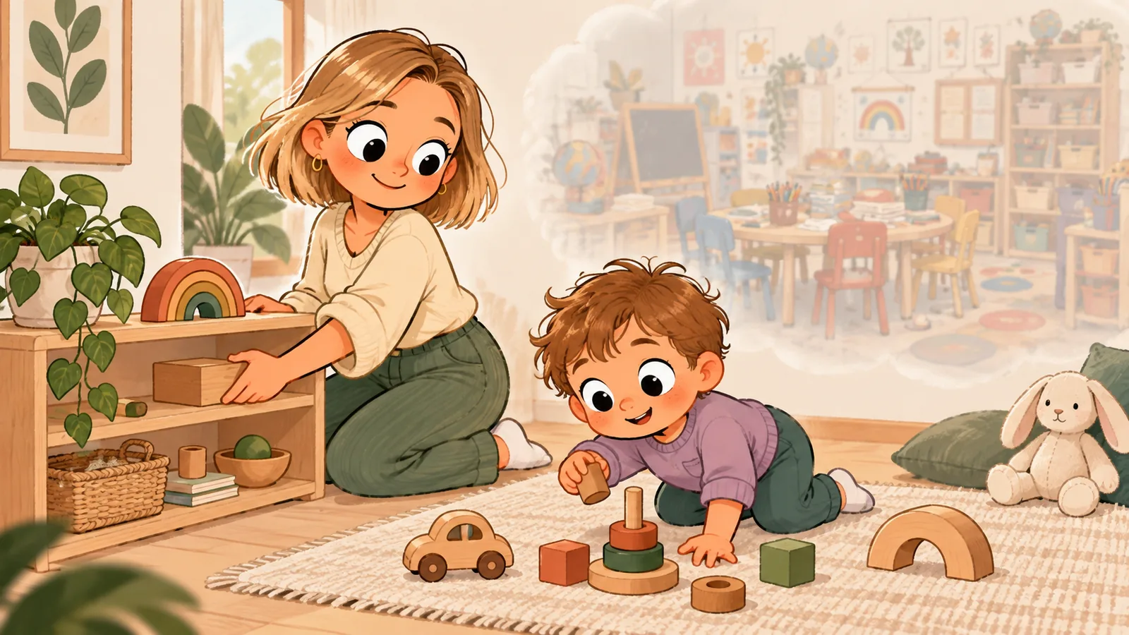 06-espacio-preparado-presion-materna Ilustración de una madre organizando un espacio de juego tranquilo con juguetes de madera