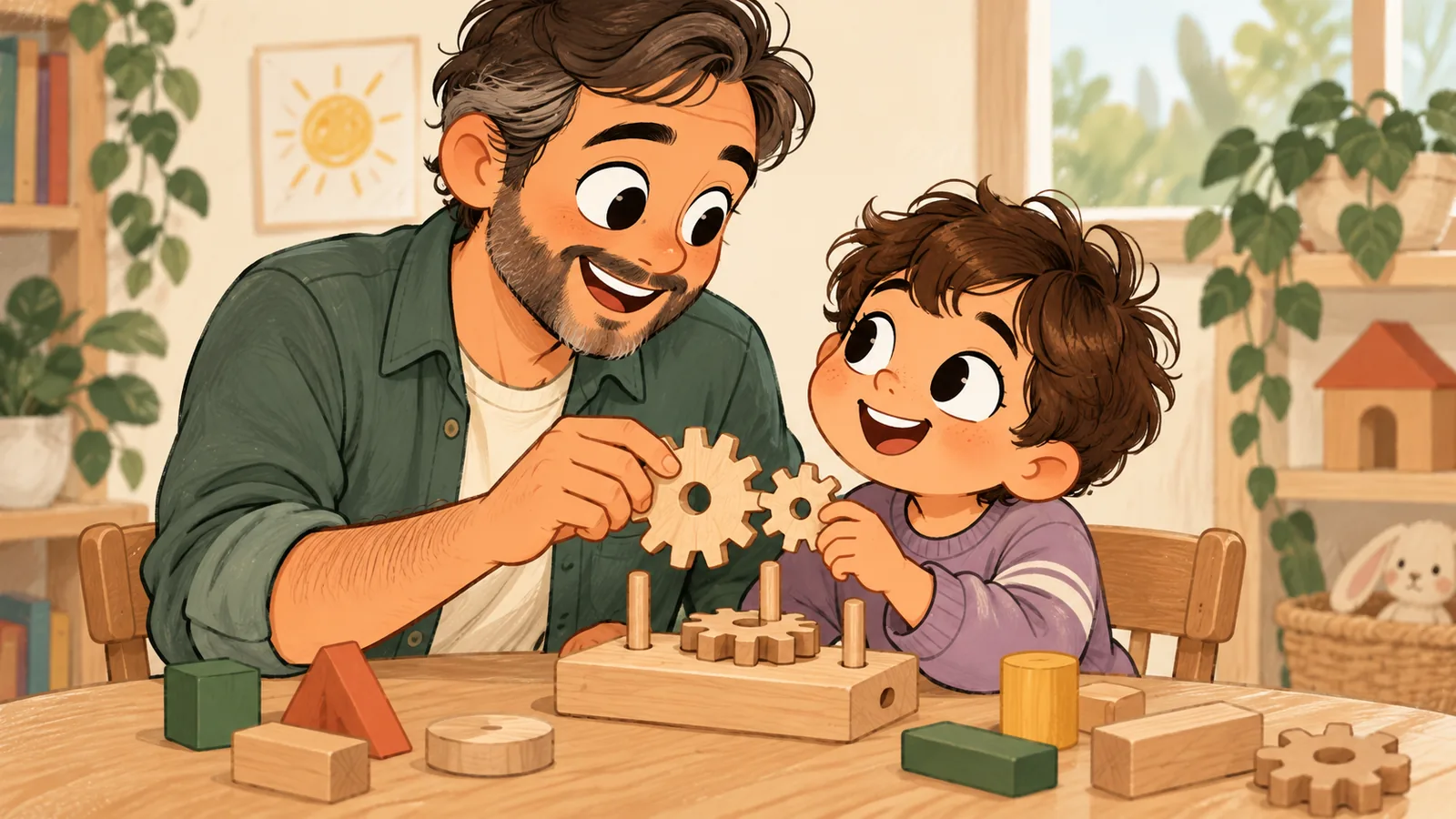 Ilustración de una familia compartiendo un momento de juego y aprendizaje con juguetes de madera