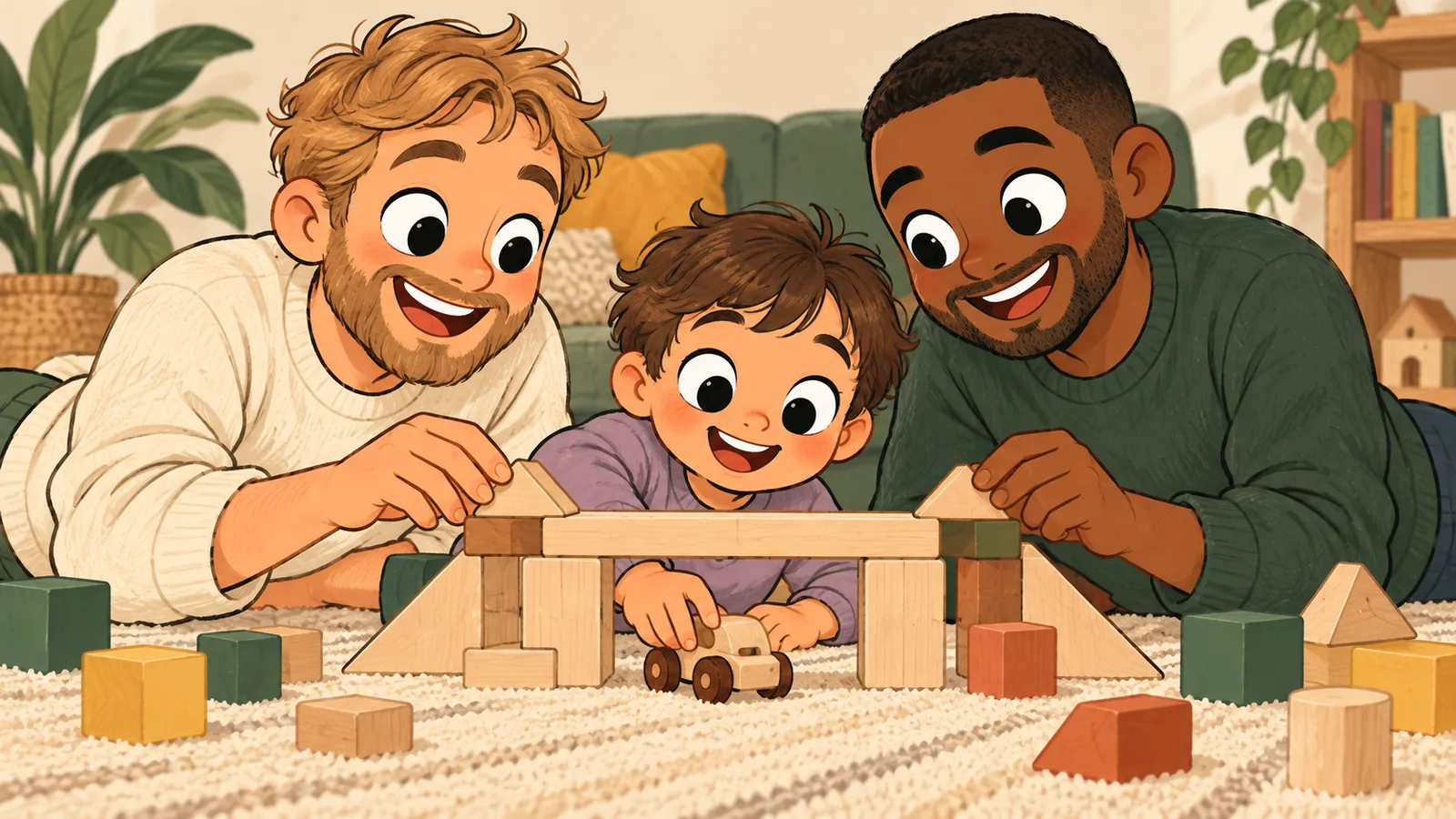 10-tiempo-calidad-juguetes Ilustración de un padre y su hija compartiendo tiempo de calidad con juguetes de madera