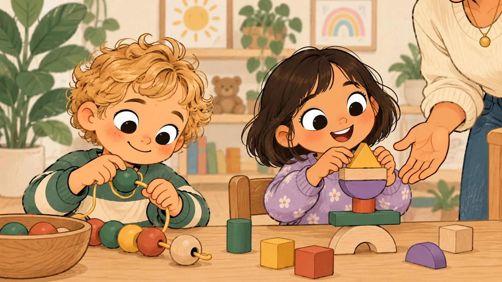 Ilustración de niños desarrollando motricidad y creatividad con juguetes de madera