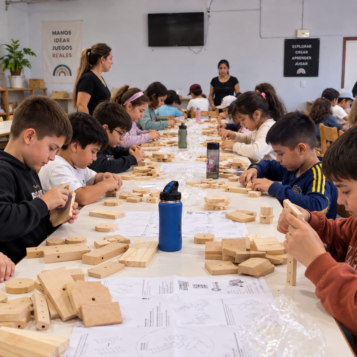 Grupo de niños construyendo camioncitos de madera durante Experiencia Manick