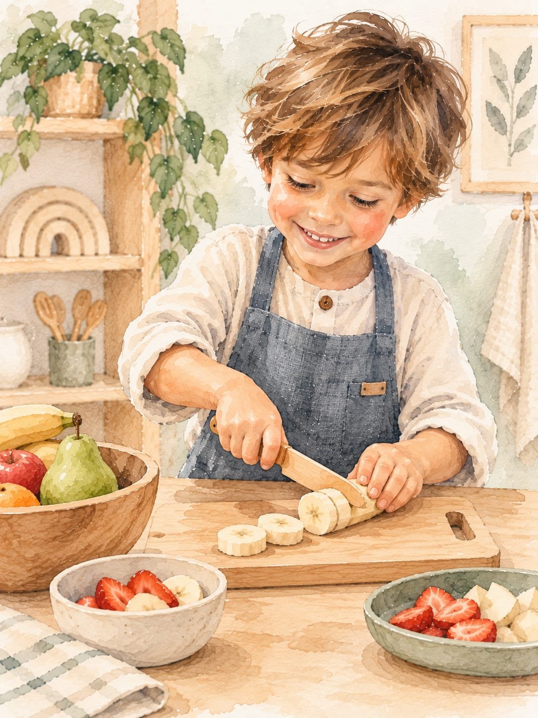 Niño preparando fruta en una actividad de vida práctica