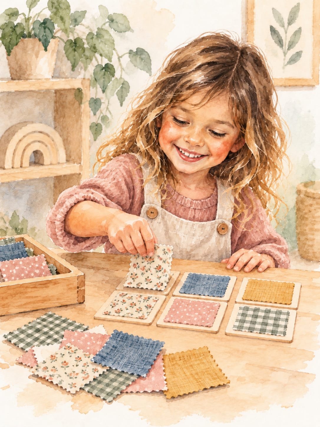 Niña explorando texturas y patrones de tela