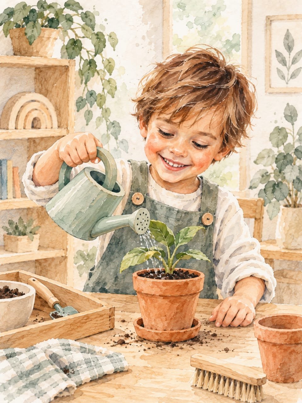 Niño regando una planta en una actividad Montessori