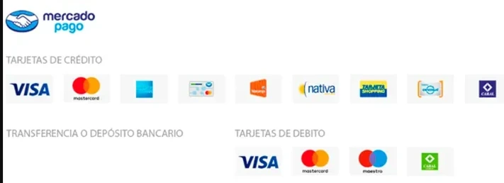 Medios de pago: tarjetas de crédito, débito y transferencia bancaria con Mercado Pago